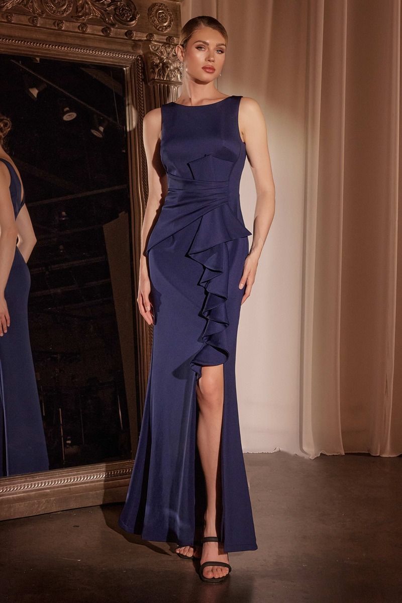 Formal Dresses Fitted Long Formal Ruffled Evening Dress Navy