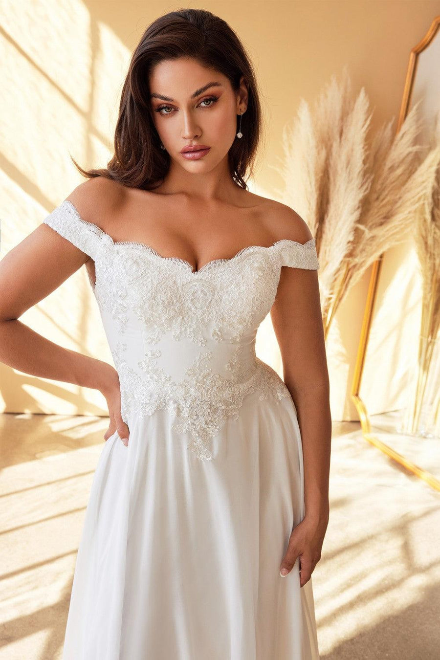 Long Off Shoulder Wedding Gown Off White