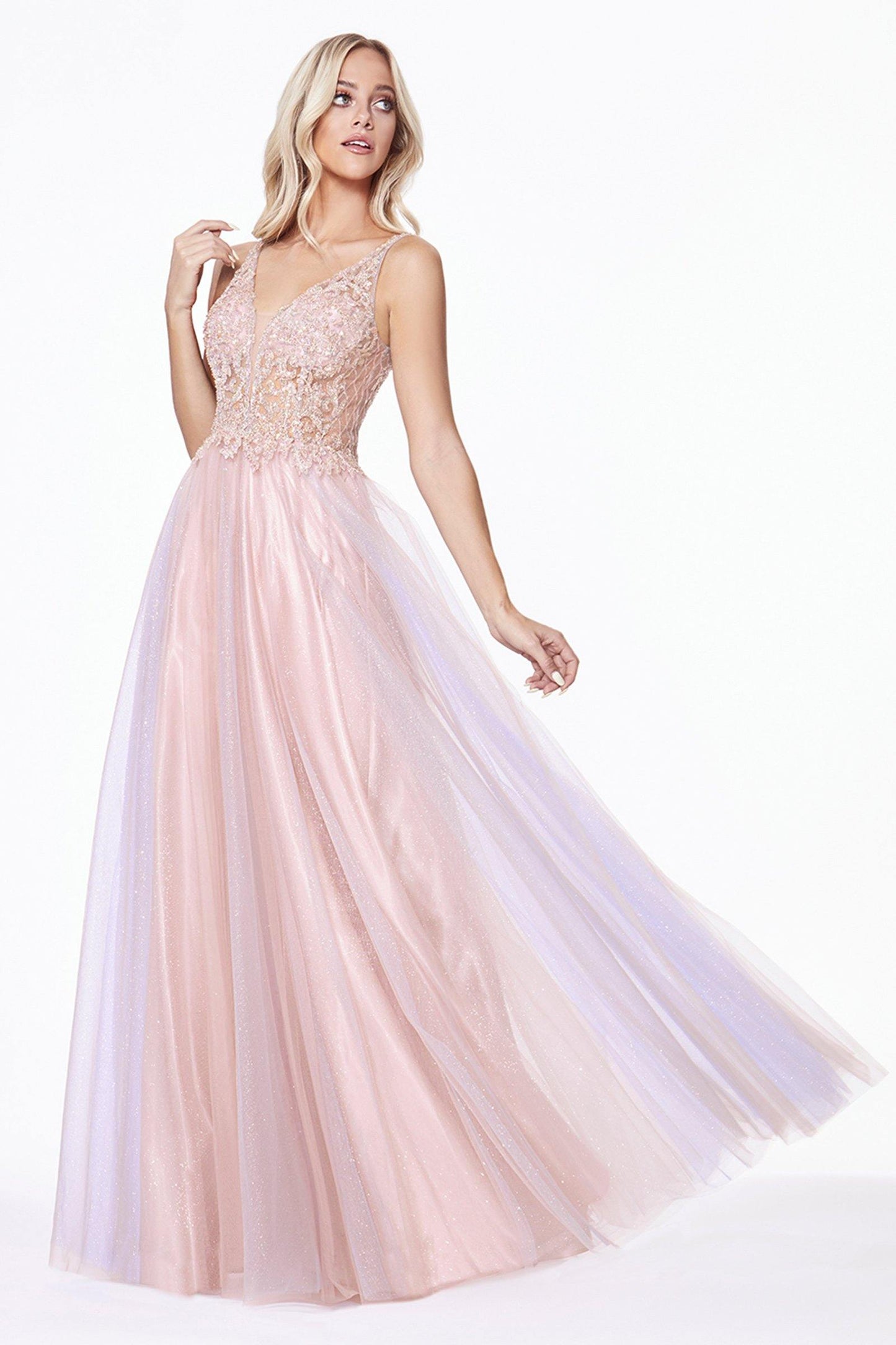 Long Formal Sleeveless Beaded Lace Prom Dress - The Dress Outlet Cinderella Divine