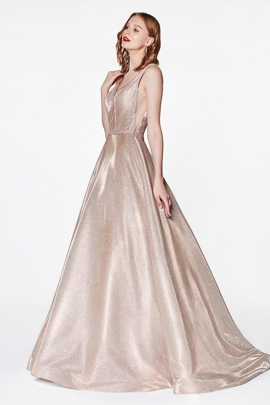 Prom Long Champagne Glitter Dress - The Dress Outlet