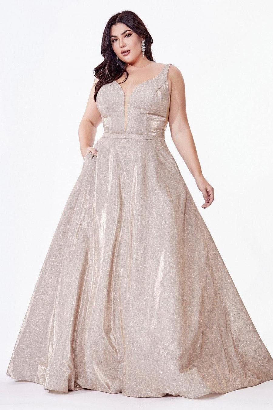 Prom Long Champagne Glitter Dress - The Dress Outlet