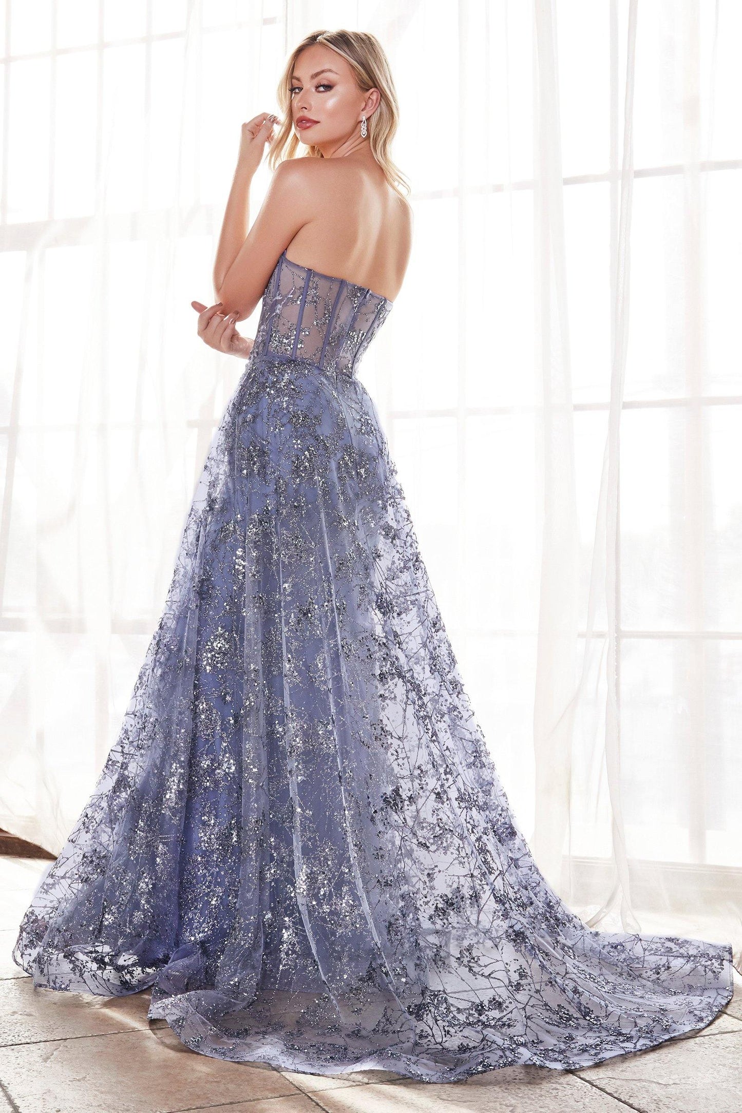 Cinderella Divine CB046 Long Floral Prom Dress Smoky Blue