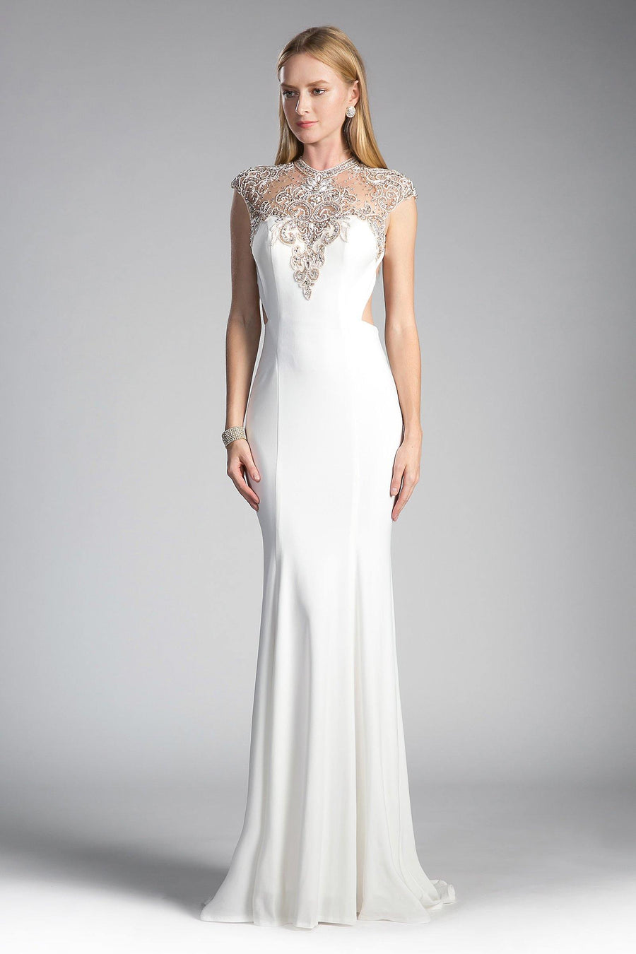 Beaded Stretch Knit Sheath Long Wedding Dress - The Dress Outlet