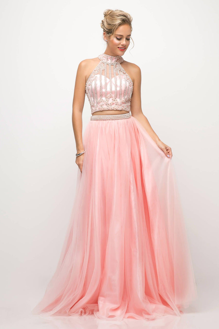 Long Ball Gown Beaded 2 Piece Prom Dress - The Dress Outlet Cinderella Divine