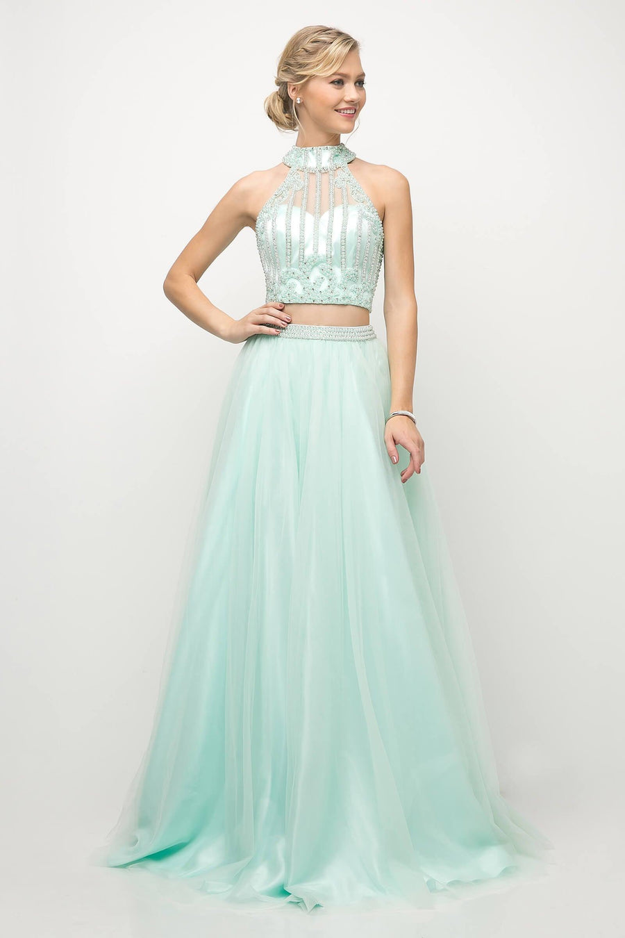 Long Ball Gown Beaded 2 Piece Prom Dress - The Dress Outlet Cinderella Divine