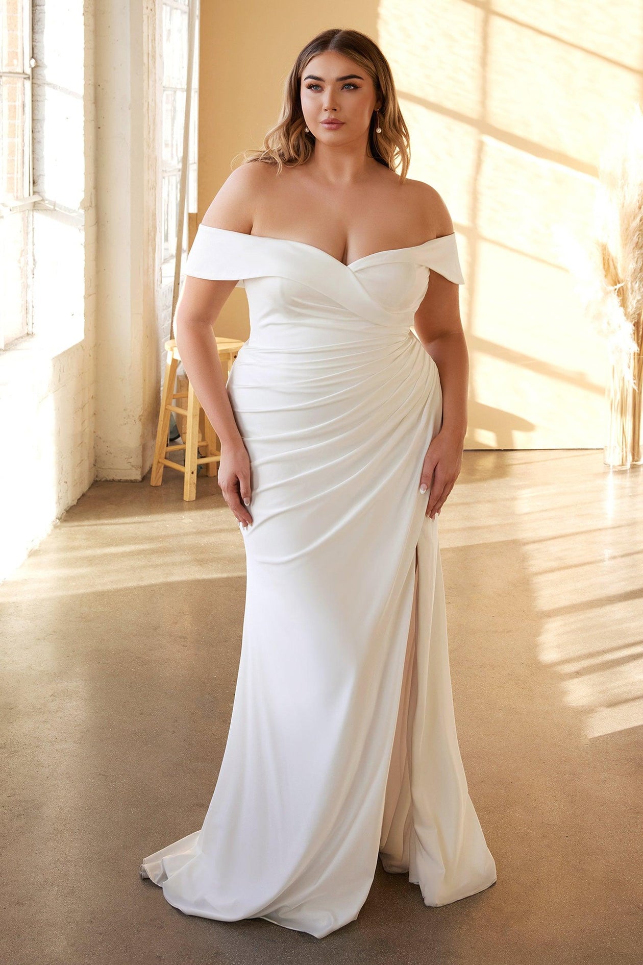 Cinderella Divine Plus Size White Portrait Satin Bridal Gown