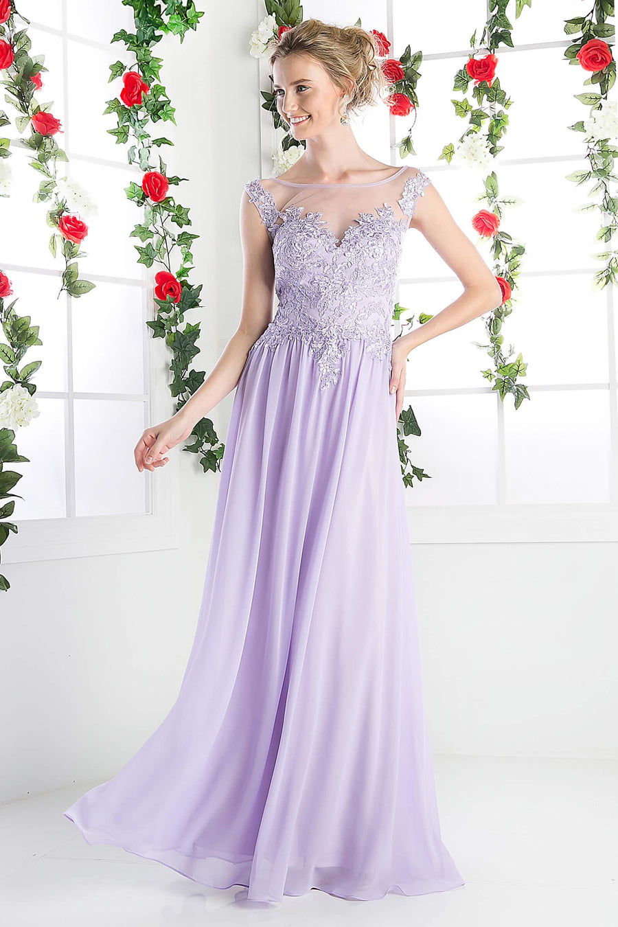 Lace Bodice Scoop Neck Evening Prom Long Dress - The Dress Outlet Cinderella Divine