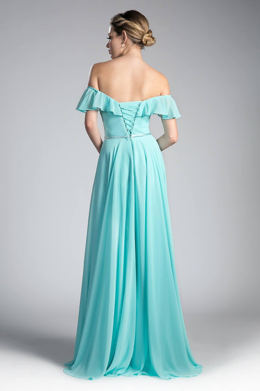 Off Shoulder Ruffled Chiffon Empire Waist Formal Dress - The Dress Outlet Cinderella Divine