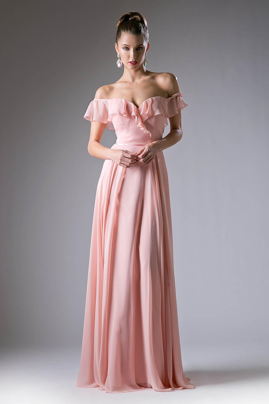 Off Shoulder Ruffled Chiffon Empire Waist Formal Dress - The Dress Outlet