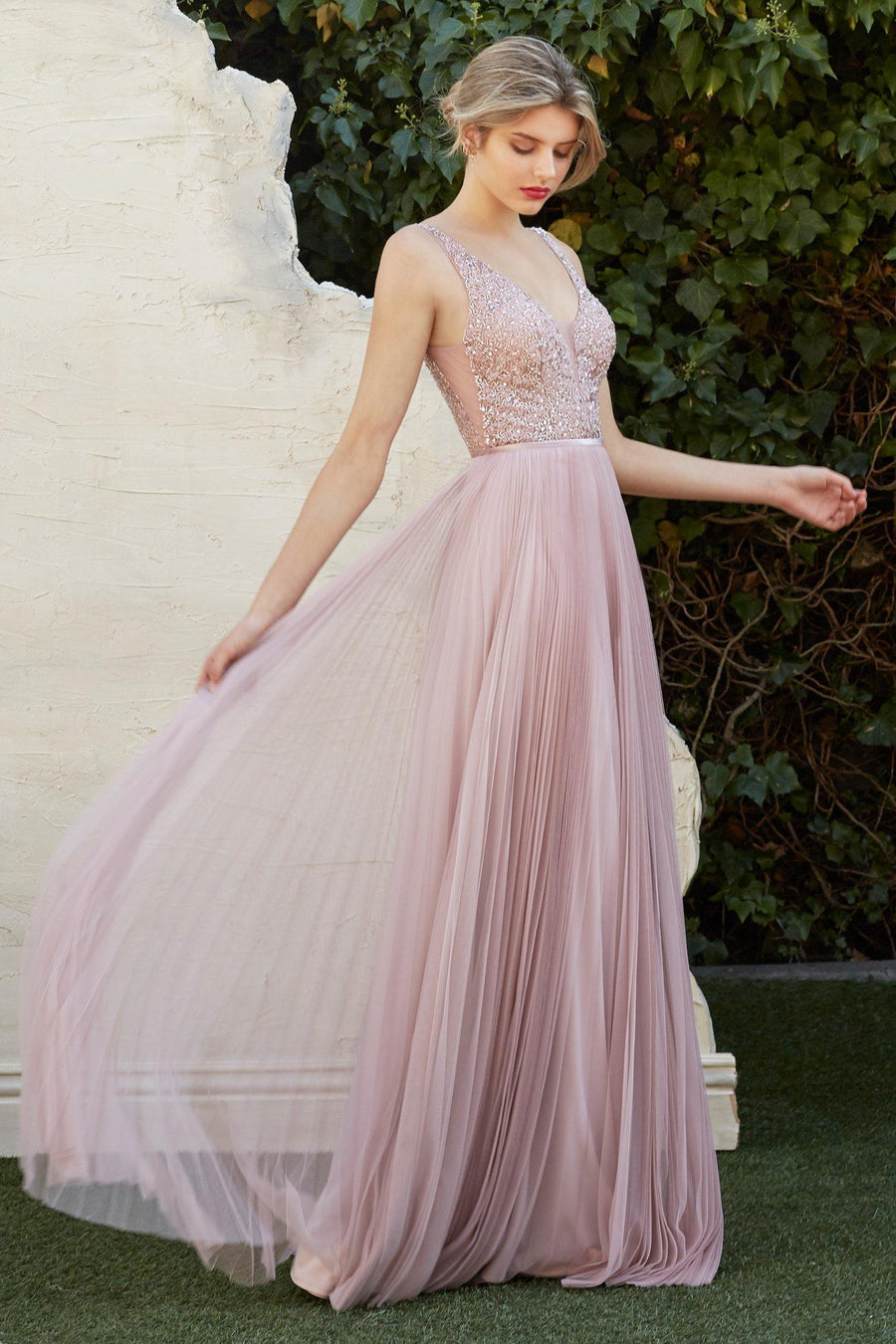 Long Formal Pleated Evening Prom Dress - The Dress Outlet Cinderella Divine