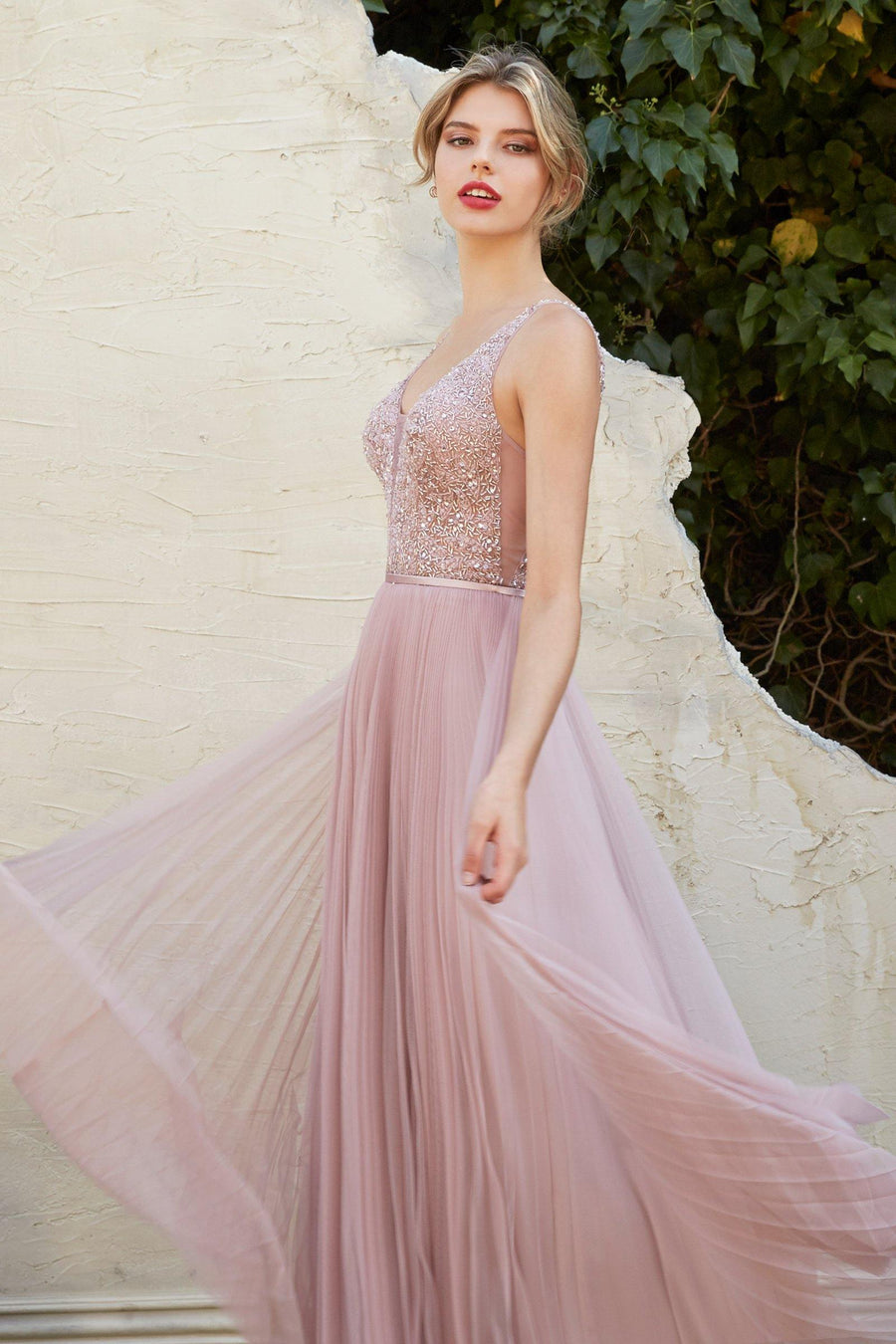 Long Formal Pleated Evening Prom Dress - The Dress Outlet Cinderella Divine