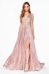 Long Formal Sleeveless Metallic Pleated Prom Dress - The Dress Outlet Cinderella Divine