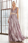 Long Formal Sleeveless Metallic Pleated Prom Dress - The Dress Outlet Cinderella Divine