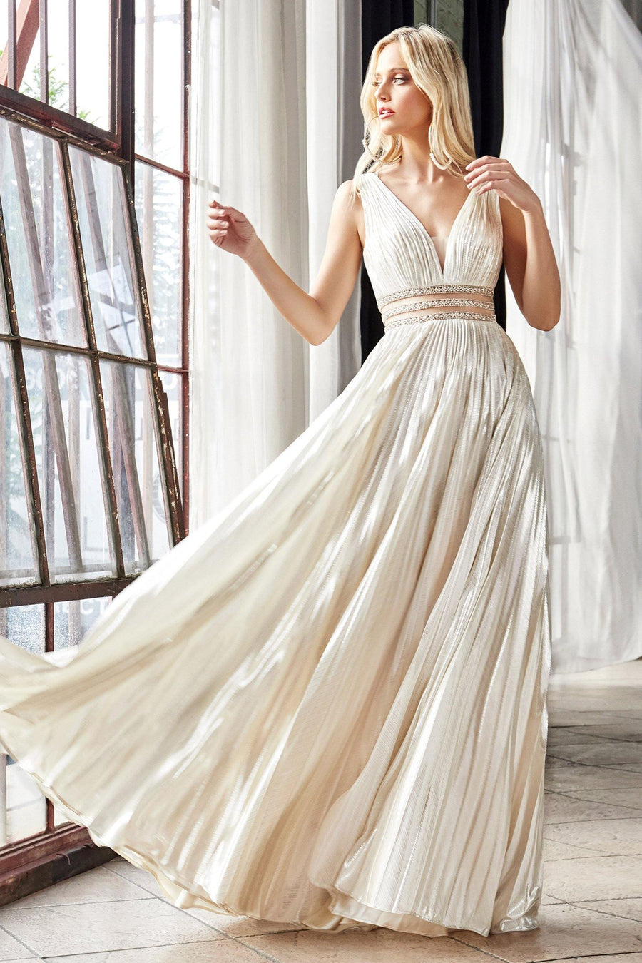 Long Formal Sleeveless Metallic Pleated Prom Dress - The Dress Outlet Cinderella Divine