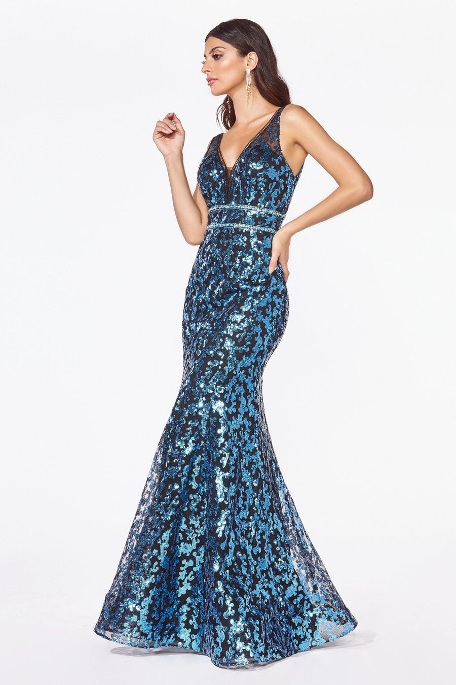 Long Formal Metallic Sequin Print Evening Prom Gown - The Dress Outlet Cinderella Divine