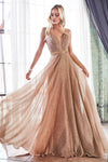 Long Pleated Spaghetti Strap Metallic Prom Dress - The Dress Outlet Cinderella Divine