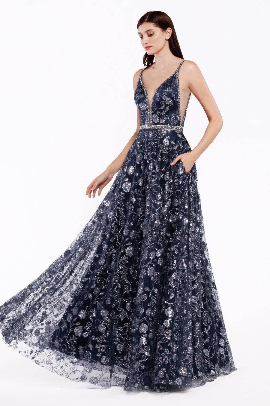 Long Floral Glitter Print Evening Prom Dress Formal - The Dress Outlet Cinderella Divine