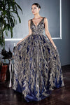 Floral Glitter Long Prom Dress Gold Navy