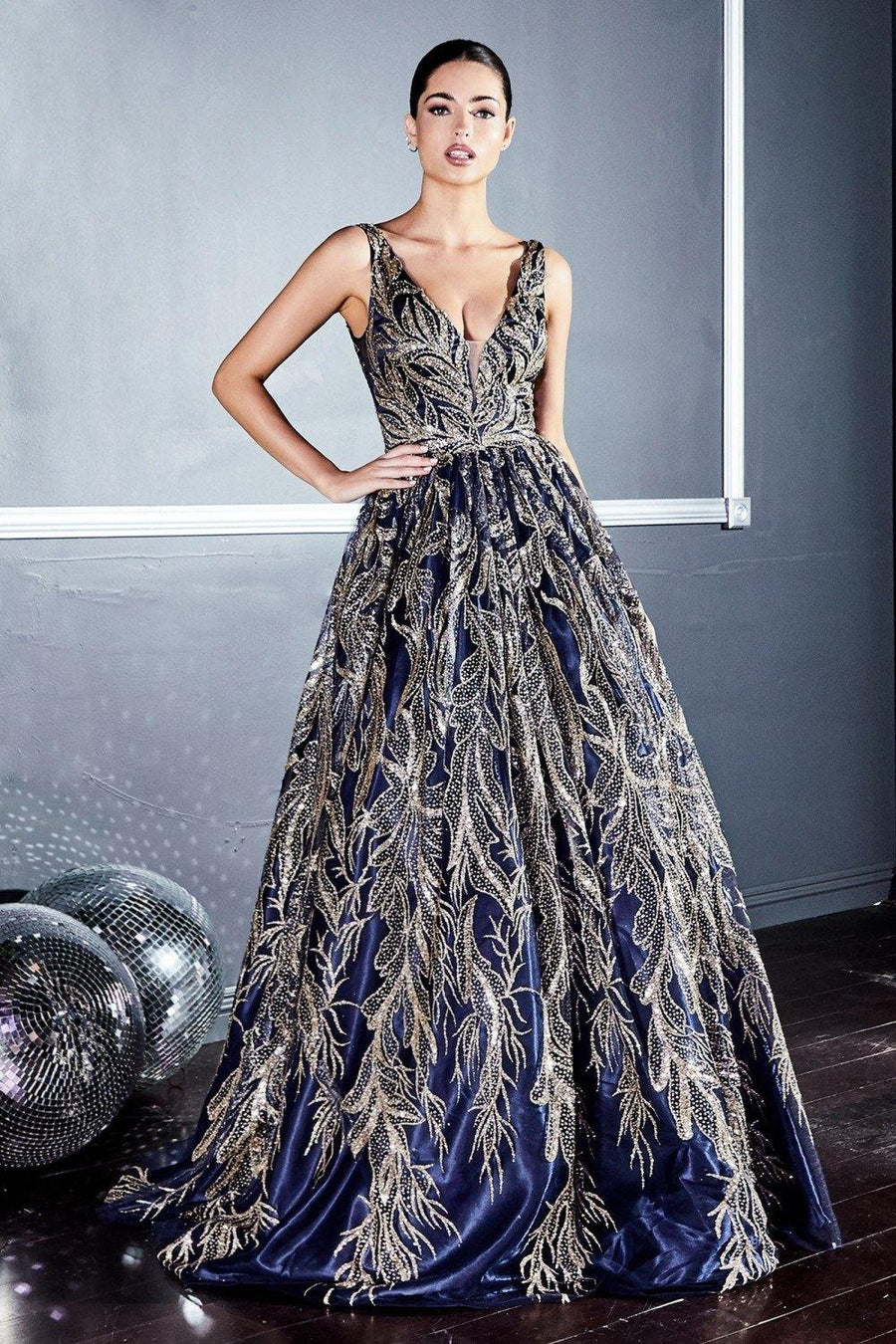 Floral Glitter Long Prom Dress Gold Navy