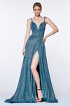 Long Formal Spaghetti Strap Deep V-Neck Glitter Prom Dress - The Dress Outlet Cinderella Divine