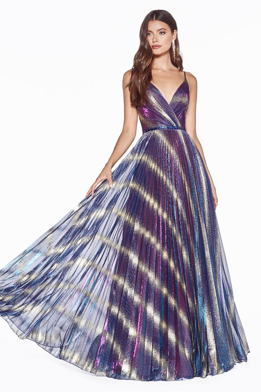 Prom Long Formal Pleated Metallic Print Dress - The Dress Outlet Cinderella Divine