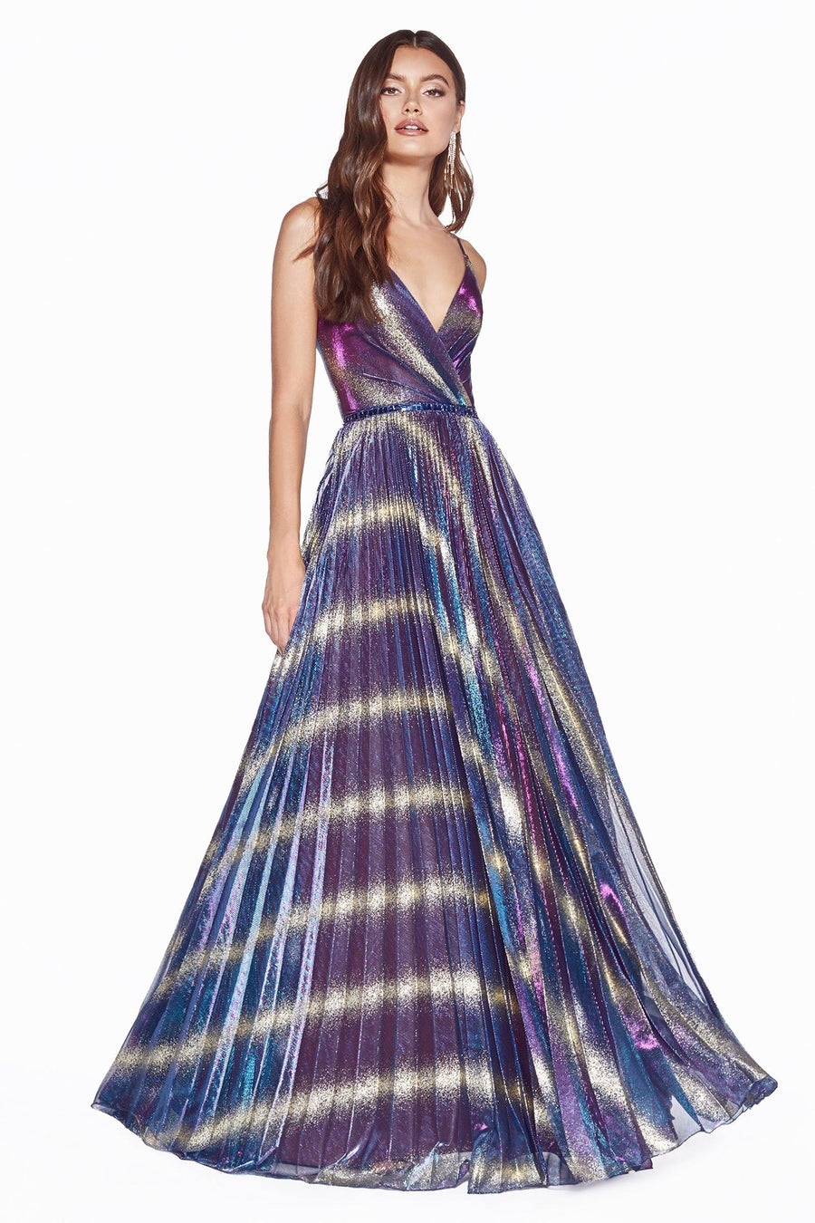 Prom Long Formal Pleated Metallic Print Dress - The Dress Outlet Cinderella Divine