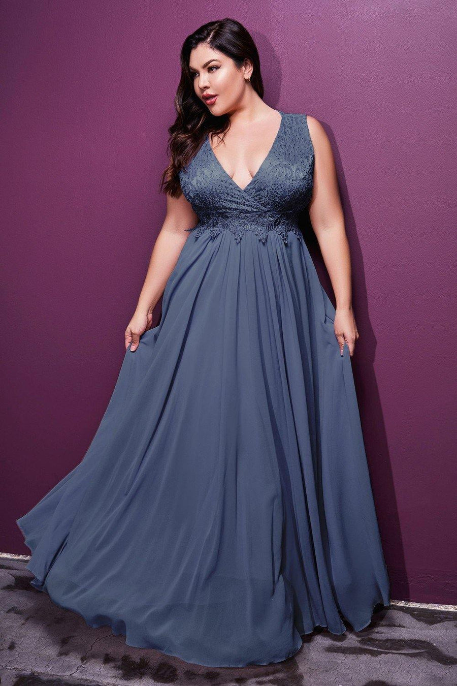 Long Sleeveless Plus Size Prom Dress Smoky BLue