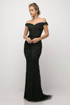 Long Formal Off Shoulder Beaded Lace Prom Dress - The Dress Outlet Cinderella Divine