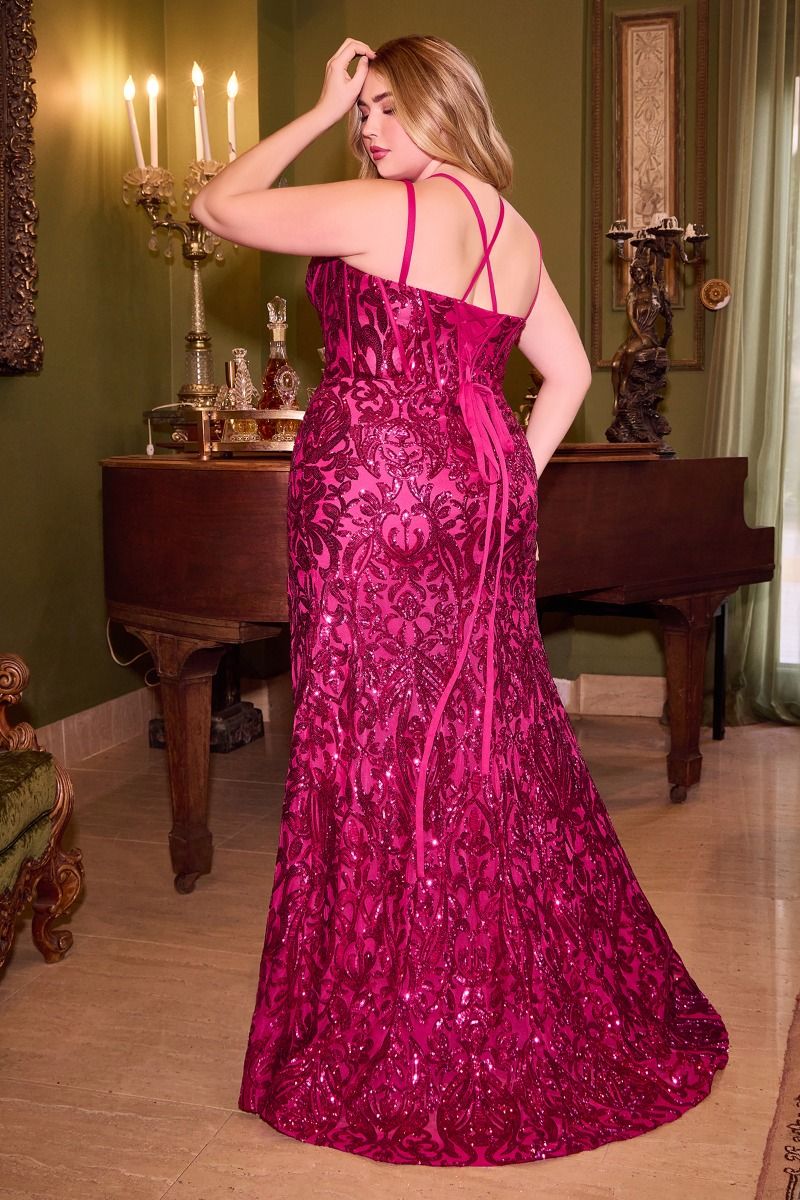 Prom Dresses Plus Size Long Sequined Fitted Prom Gown Magenta