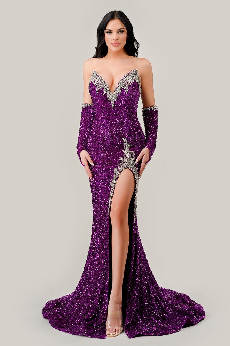 Prom Dresses Long Sequin with Matching Gloves Slit Prom Gown Purple