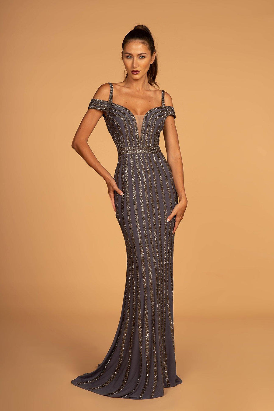 Cut-Away Shoulder Glitter Tulle Mermaid Long Dress - The Dress Outlet Elizabeth K