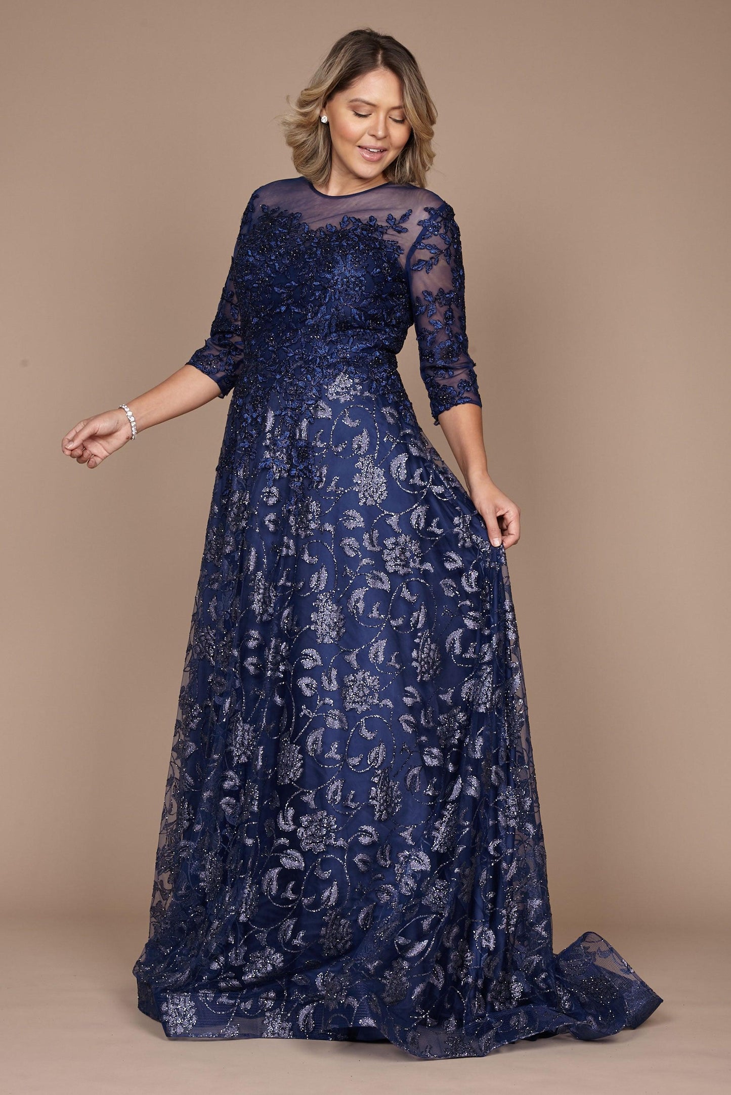 Dylan & Davids Long Formal Lace Evening Dress Navy