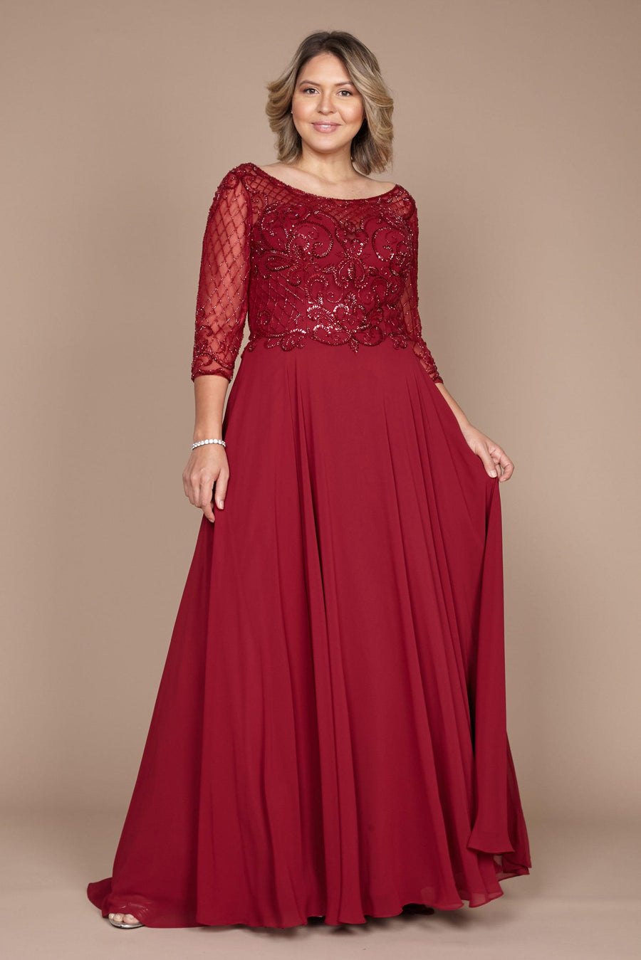 Dylan & Davids Long Sleeve Hand Beaded Mother of The Bride Dress Burgundy