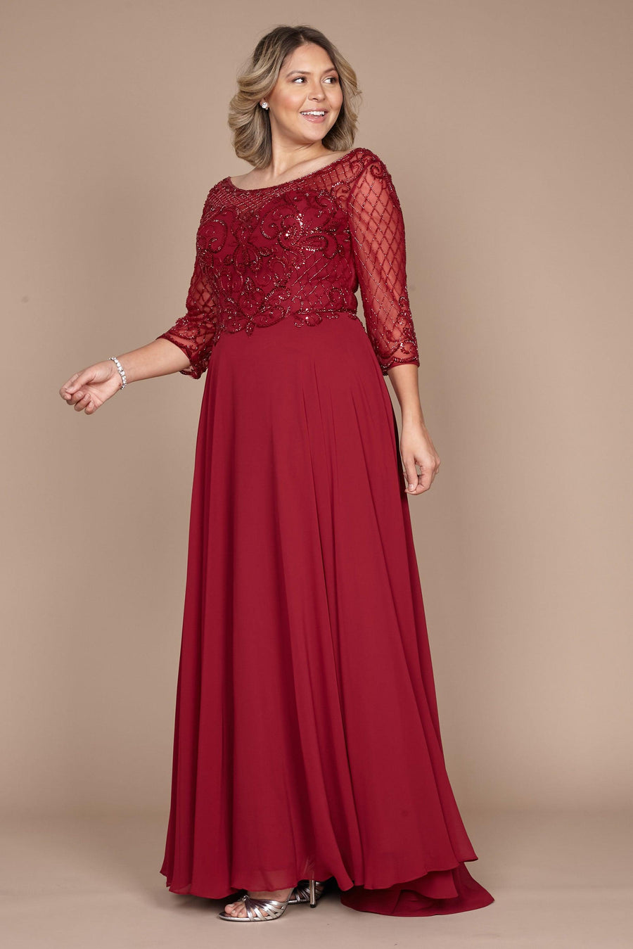 Dylan & Davids Long Sleeve Hand Beaded Mother of The Bride Dress Burgundy