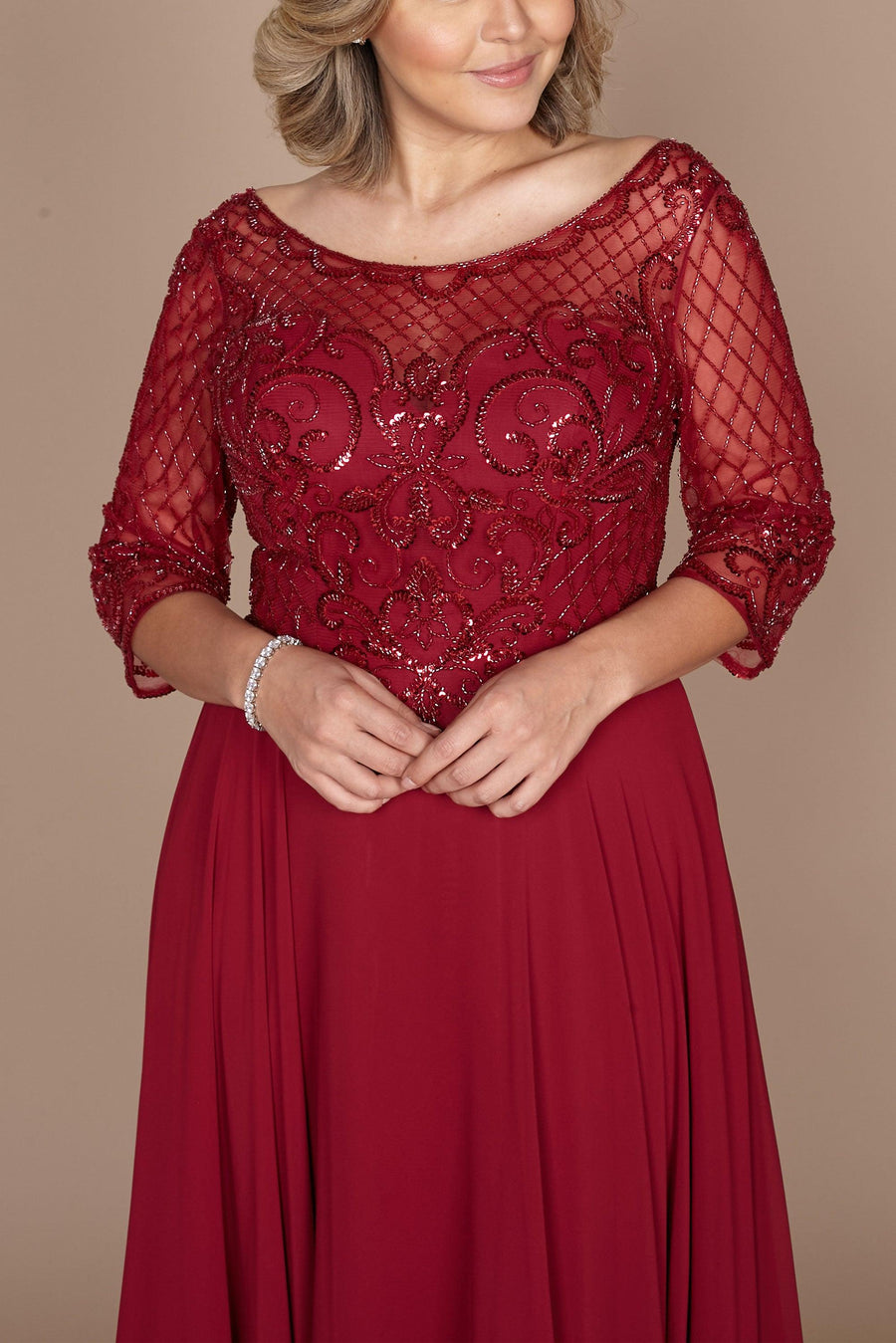 Dylan & Davids Long Sleeve Hand Beaded Mother of The Bride Dress Burgundy