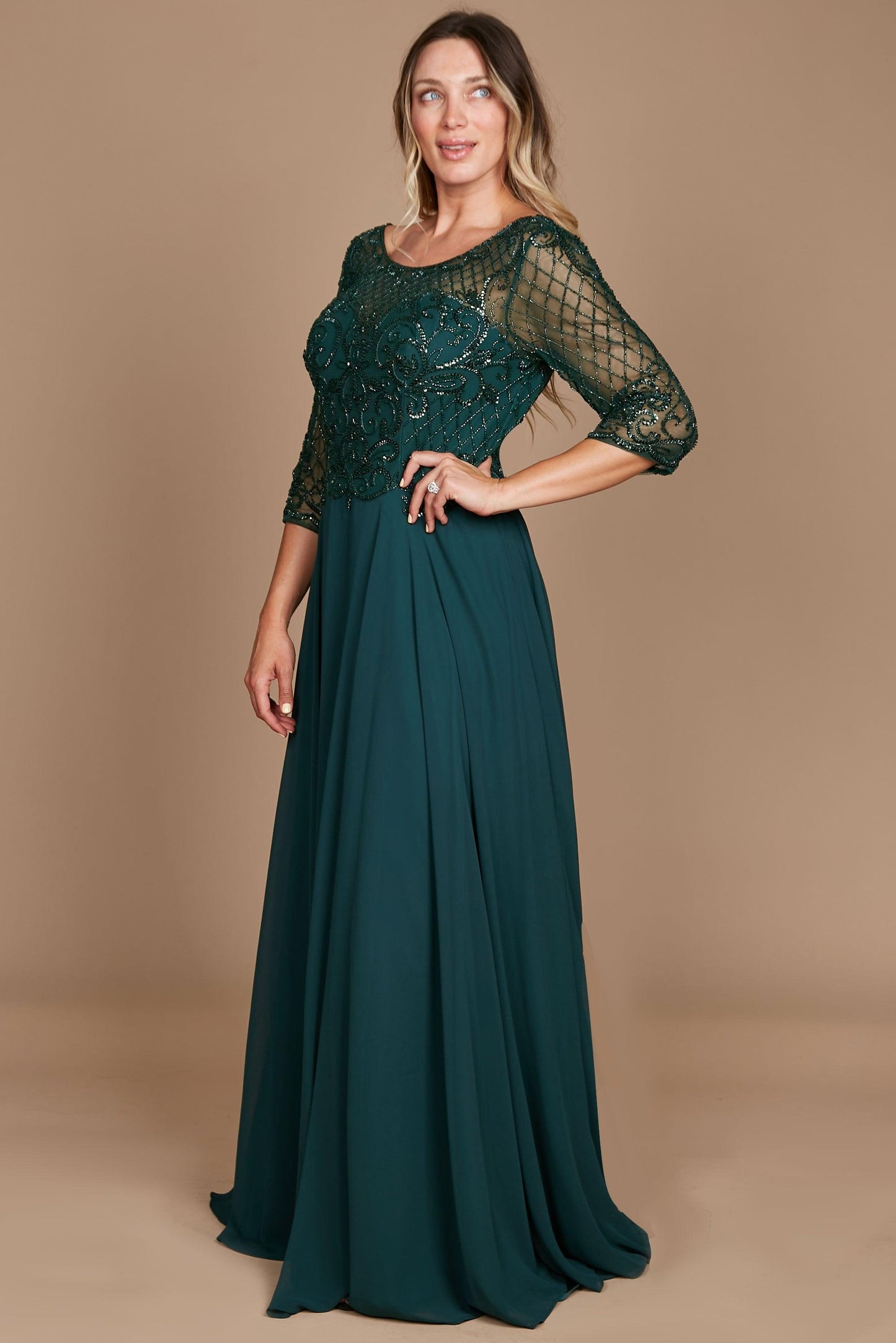 Dylan & Davids Long Sleeve Hand Beaded Mother of The Bride Dress Dark Green