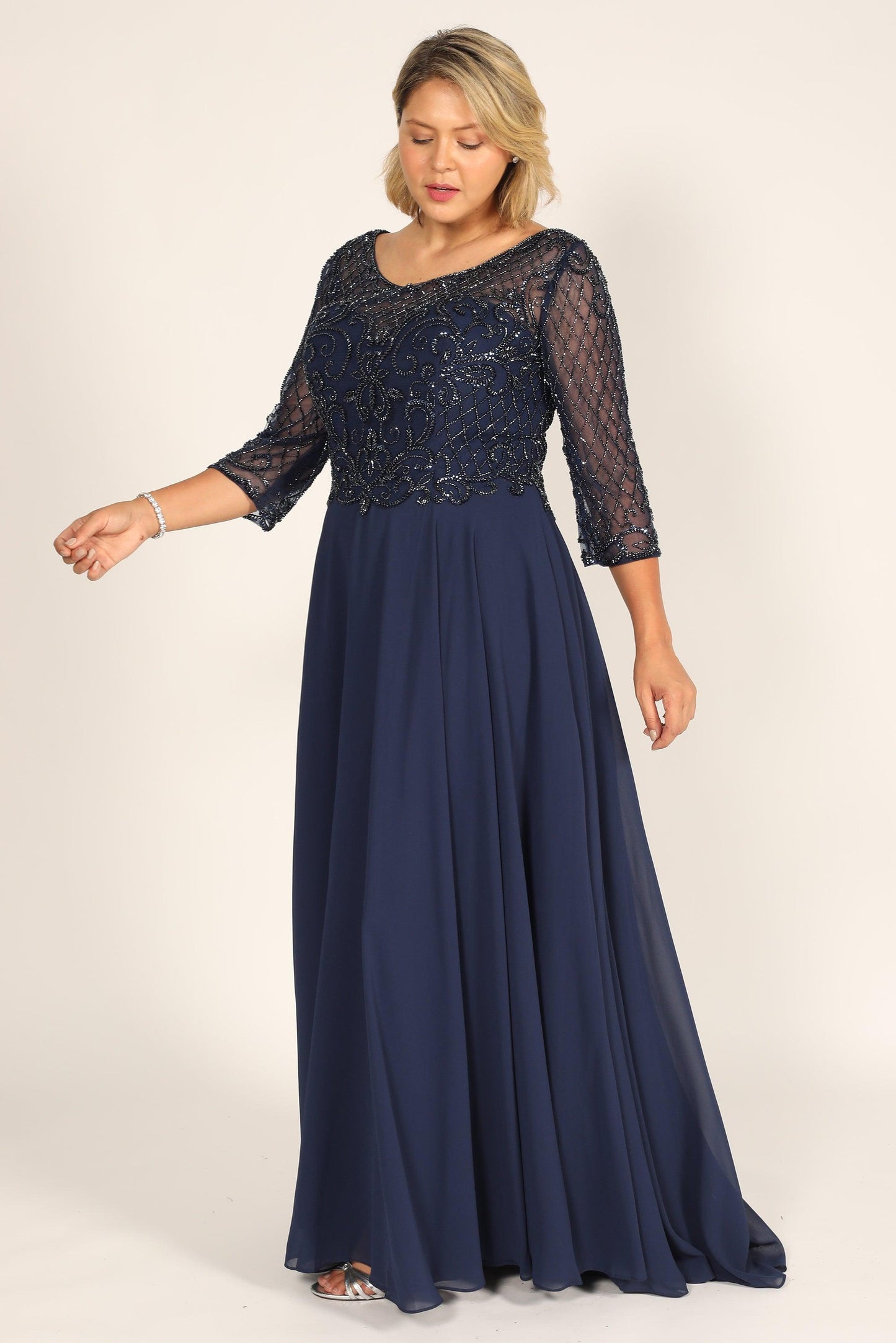 Dylan & Davids Long Sleeve Hand Beaded Mother of The Bride Dress Navy