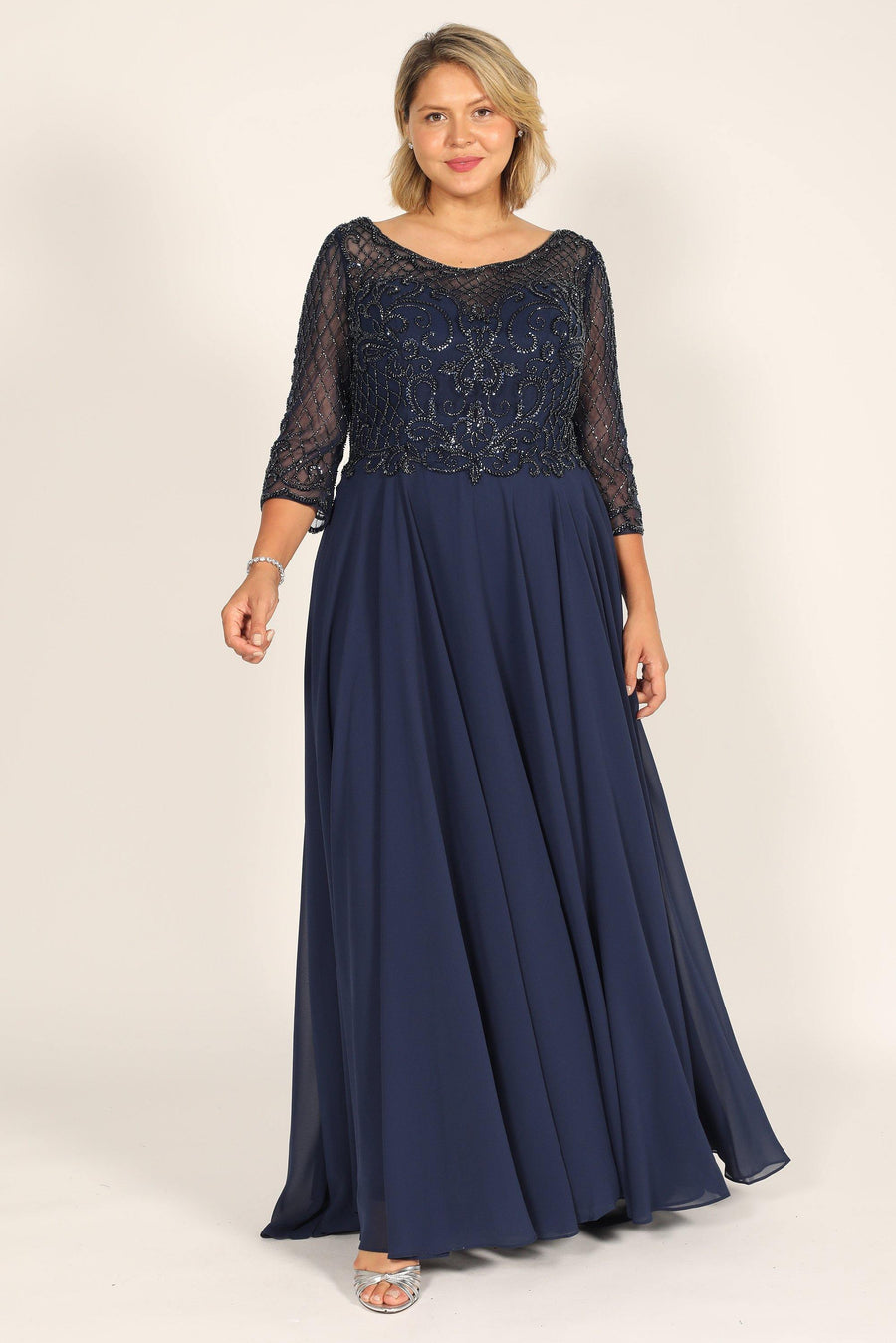 Dylan & Davids Long Sleeve Hand Beaded Mother of The Bride Dress Navy