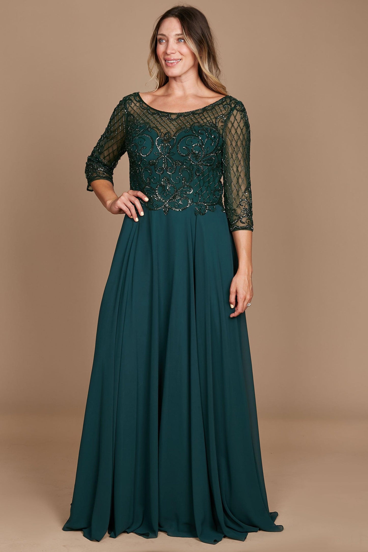 Dylan & Davids Long Sleeve Hand Beaded Mother of The Bride Dress Dark Green