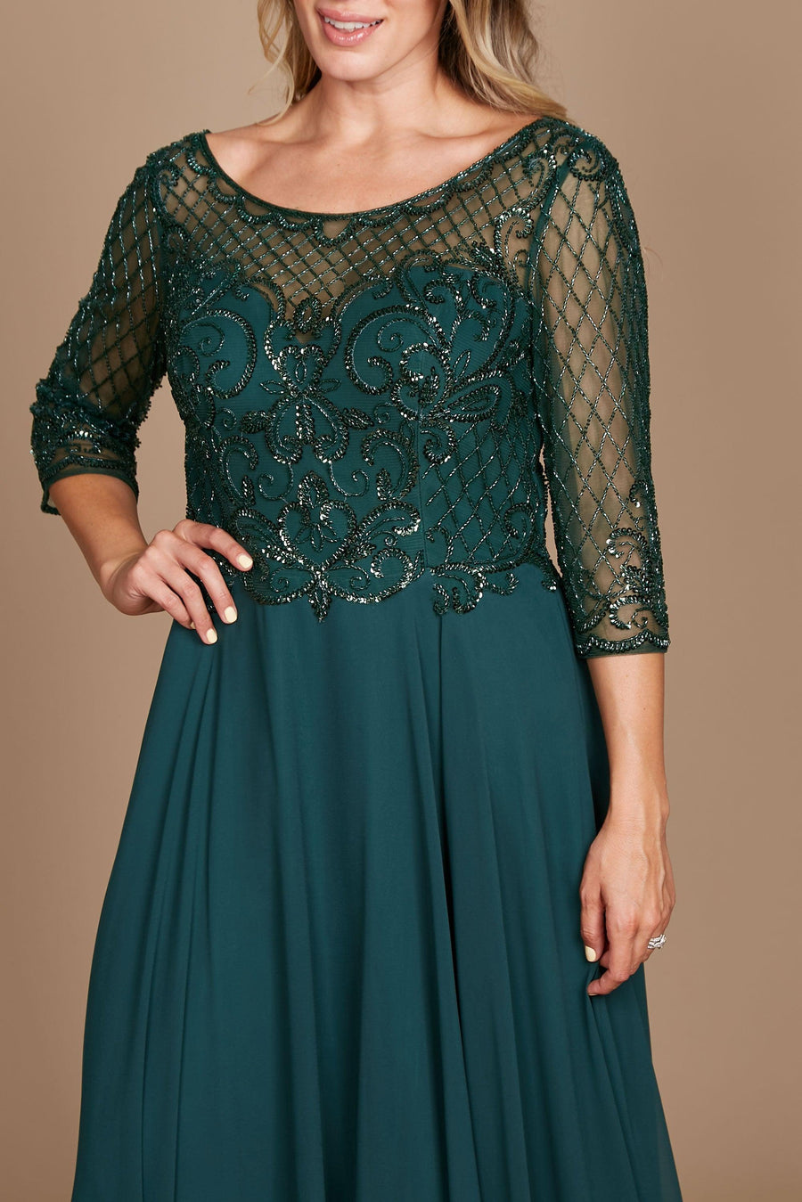 Dylan & Davids Long Sleeve Hand Beaded Mother of The Bride Dress Dark Green