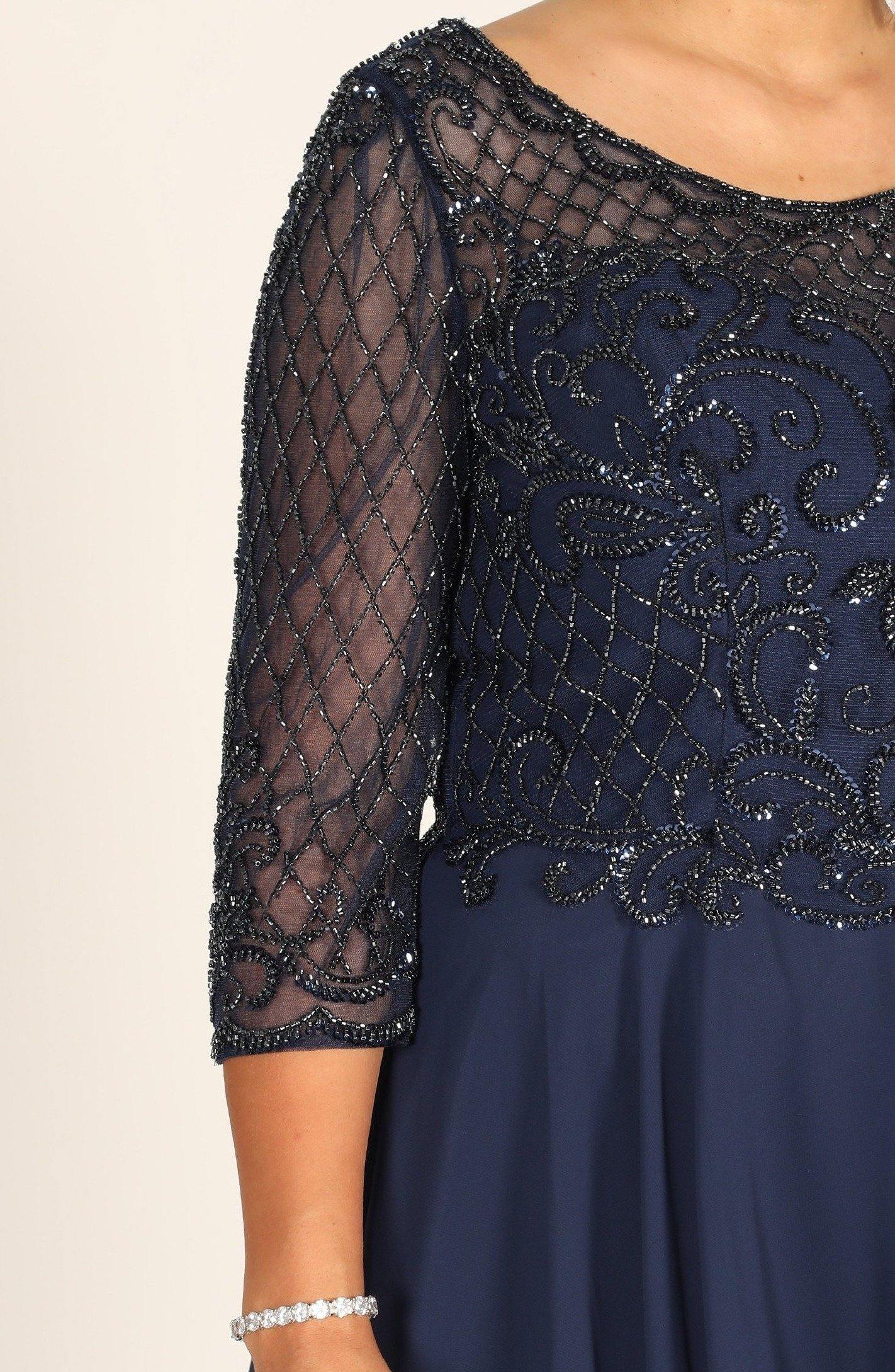 Elegant long sleeve navy dress adorned with intricate hand-beaded details, designed for the mother of the bride, showcasing a sophisticated silhouette.