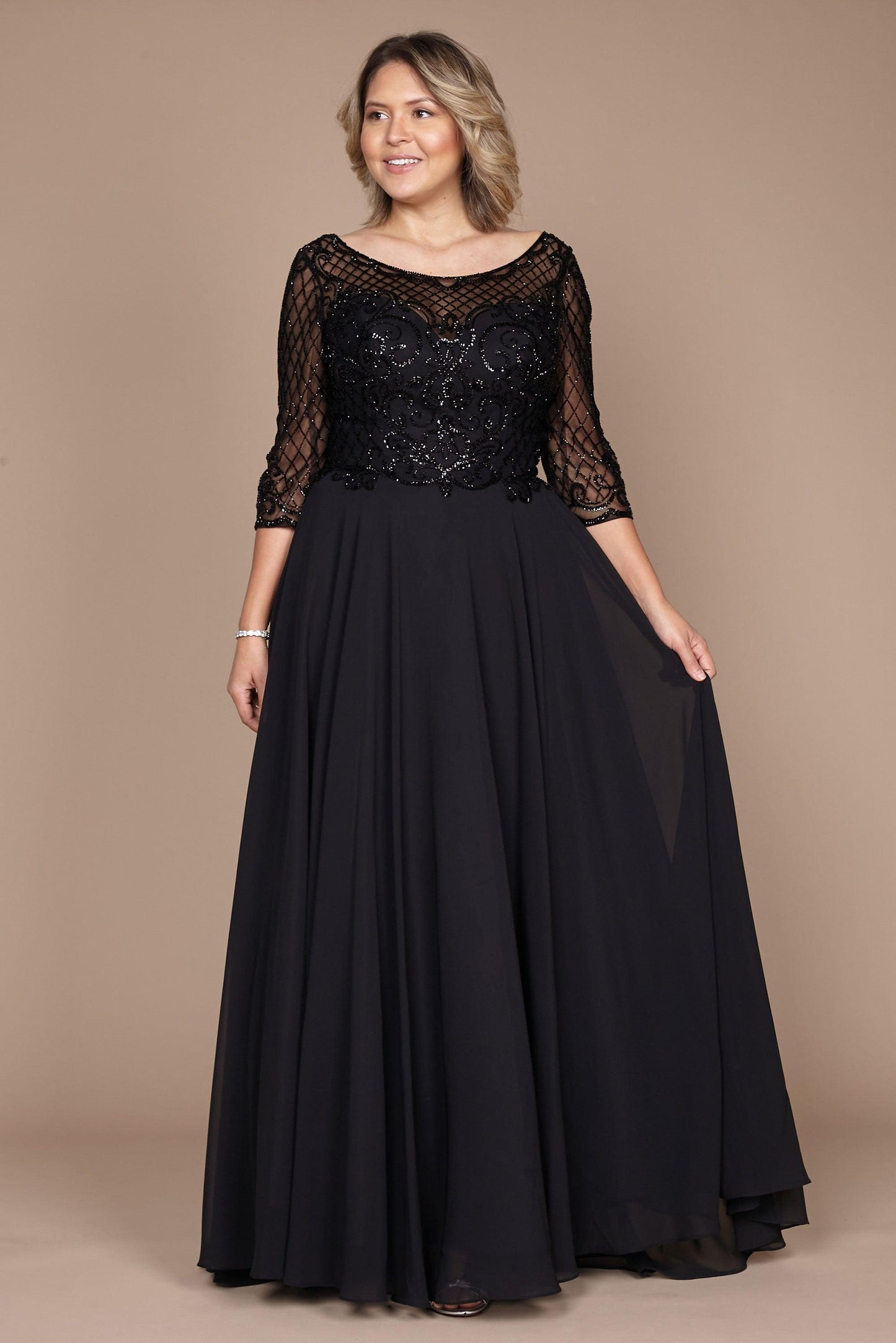 Elegant long sleeve black dress adorned with intricate hand-beaded details, designed for the mother of the bride, showcasing a sophisticated and timeless silhouette.