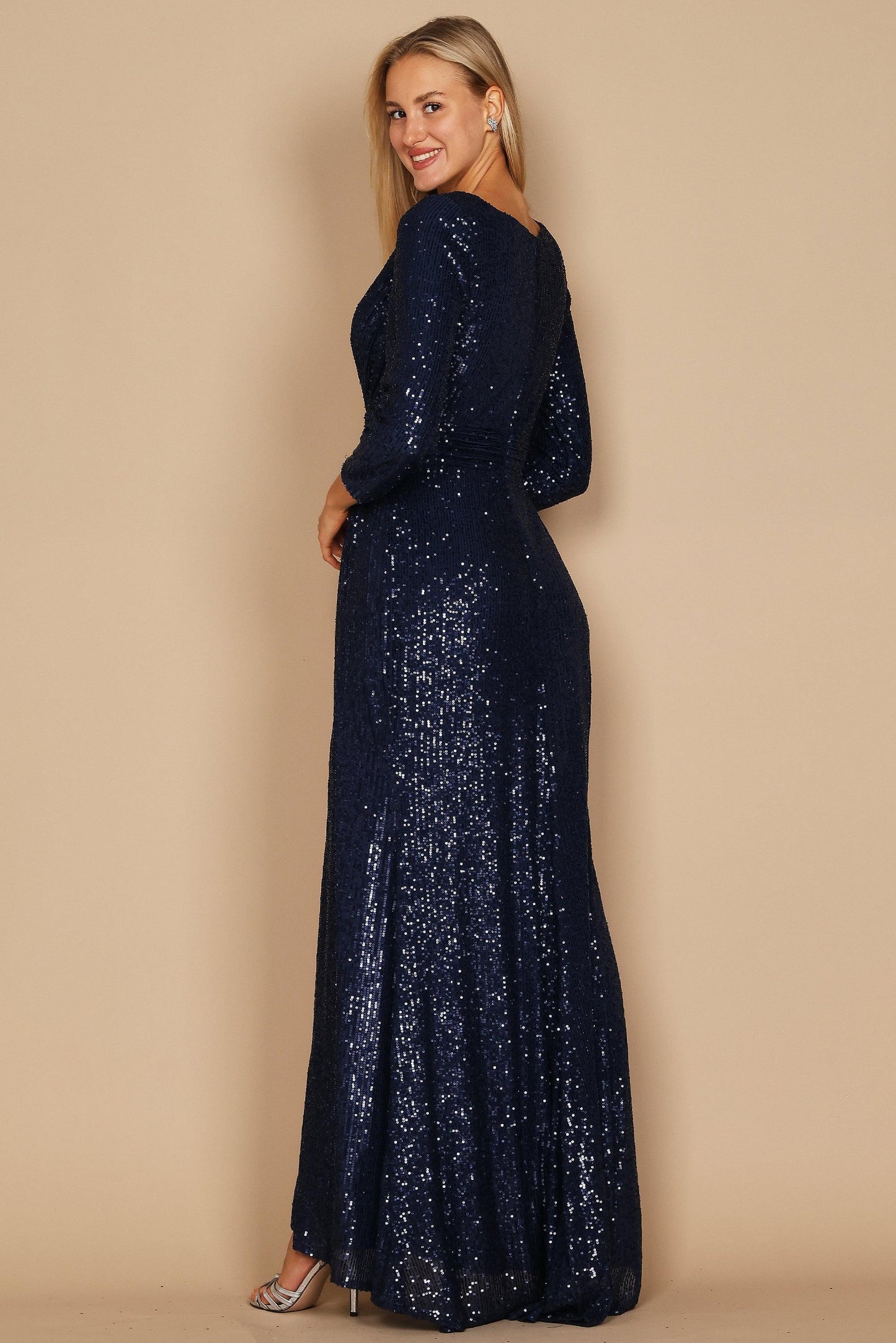 Dylan & Davids Long Sleeve Sequin Formal Beaded Dress Navy