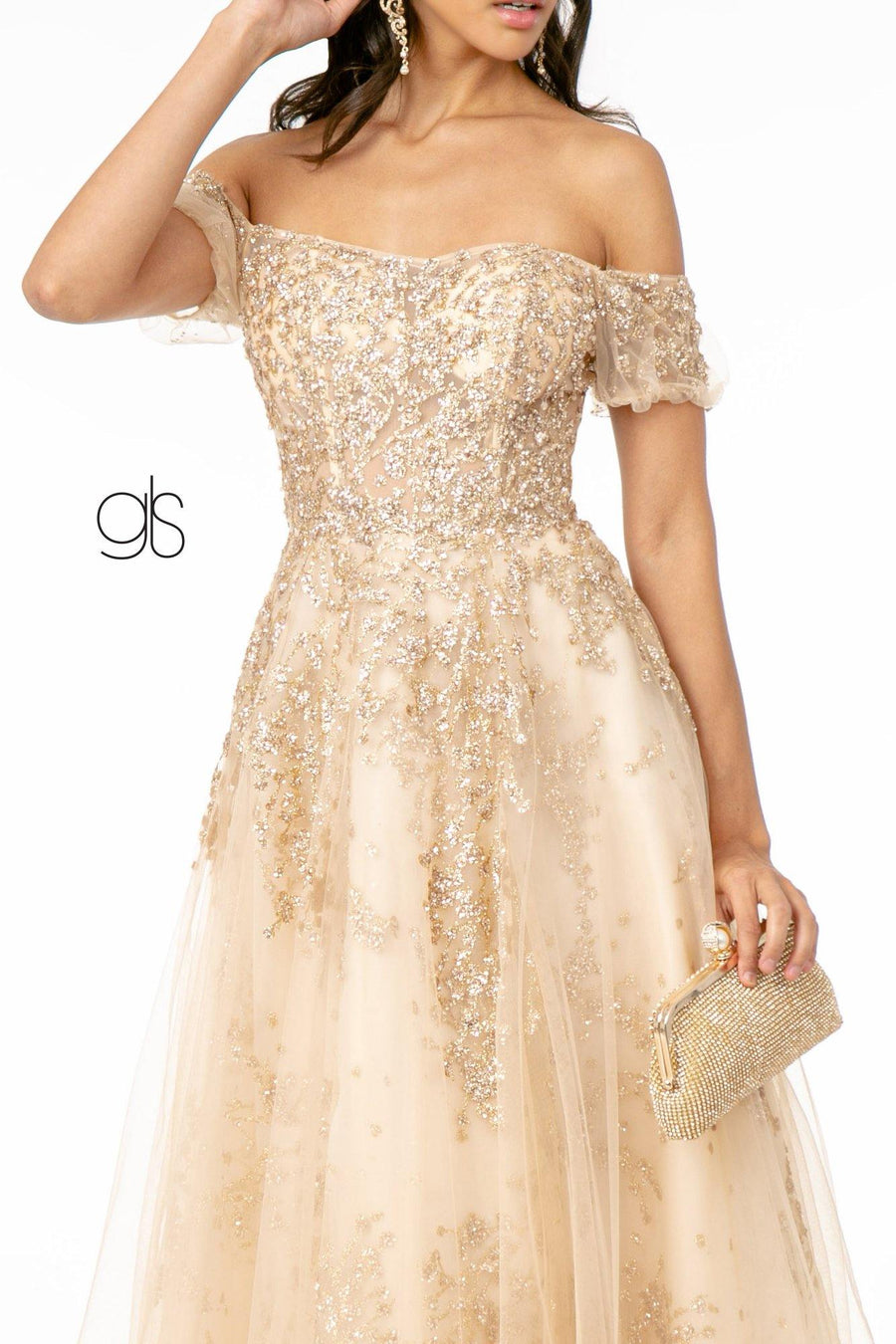 Embellished Glitter Mesh Long Prom Dress - The Dress Outlet Elizabeth K