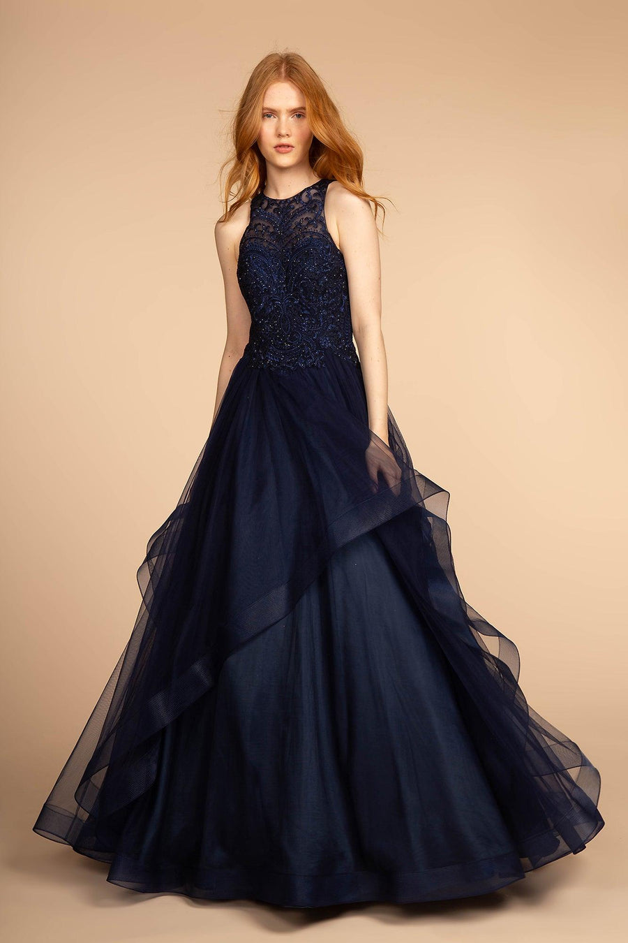 Embroidered Applique Bodice Tulle Long Prom Dress - The Dress Outlet Elizabeth K