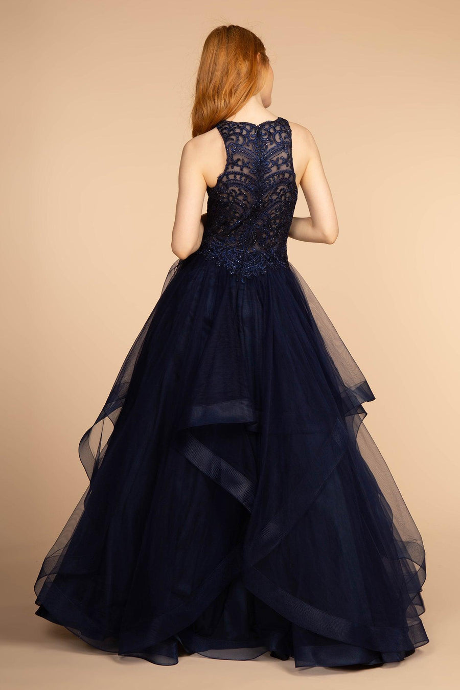 Embroidered Applique Bodice Tulle Long Prom Dress - The Dress Outlet Elizabeth K