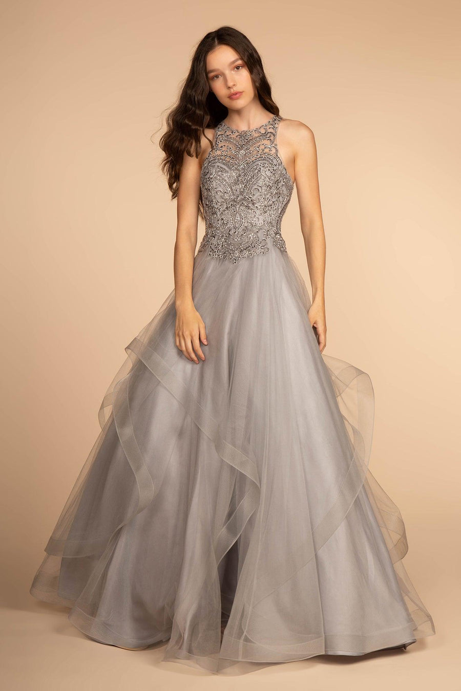 Embroidered Applique Bodice Tulle Long Prom Dress - The Dress Outlet Elizabeth K