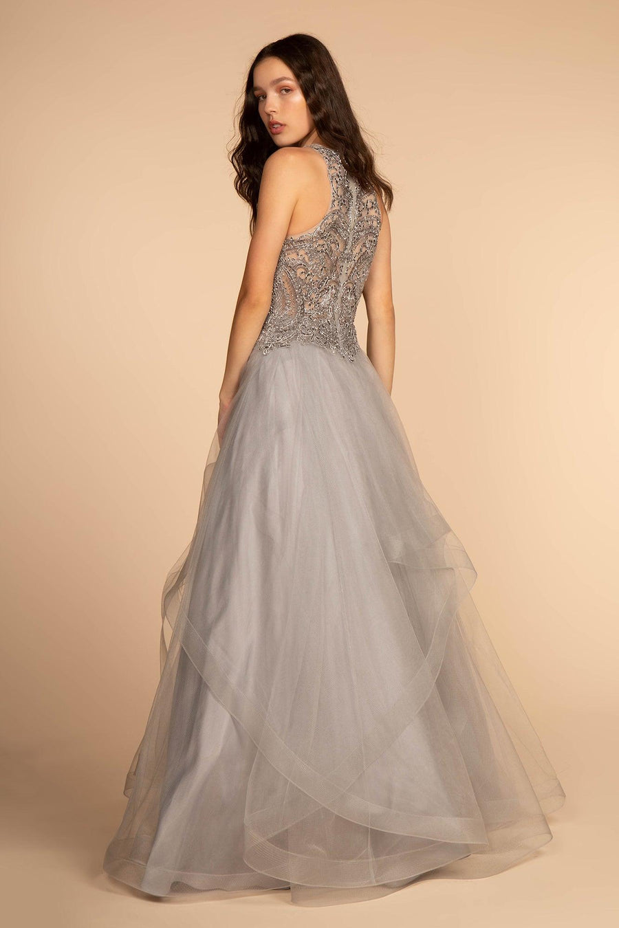 Embroidered Applique Bodice Tulle Long Prom Dress - The Dress Outlet Elizabeth K