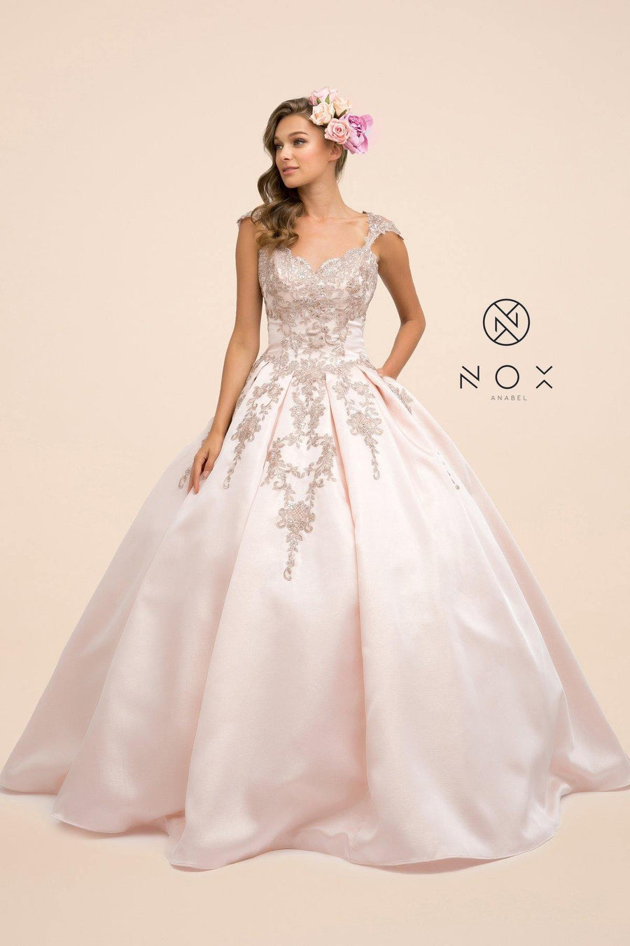 Embroidered Ball Gown Long Prom Dress - The Dress Outlet Nox Anabel