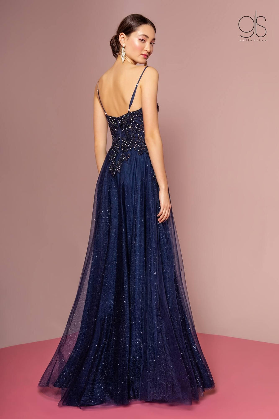 Embroidered Bodice and Mesh Glitter Floor Length Skirt - The Dress Outlet Elizabeth K